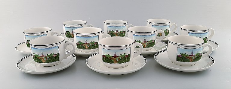 Villeroy & Boch Naif kaffeservice i porcelæn. Et sæt på 10 store kopper med 
underkopper dekoreret med naivistisk landsbymotiv.
