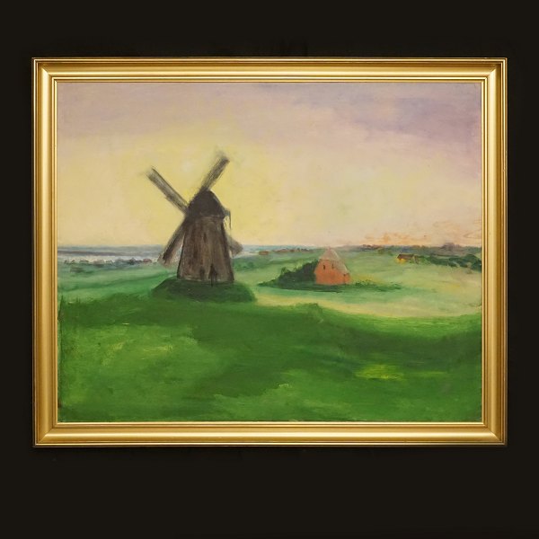 Jens Søndergaard, 1895-1957: Landskab med mølle. Olie på lærred. Hidrørende fra 
boet efter Anelise Søndergaard
Lysmål: 79x99cm. Med ramme: 97x112cm