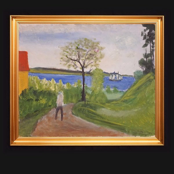 Jens Søndergaard, 1895-1957: Landscape with water, house and a person. Oil on 
canvas. Signed and dated 1952. Visible size: 66x79cm. With frame: 77x90cm