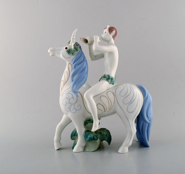 Lladro, Spain. Large figure in glazed porcelain. Pan on unicorn. 1950