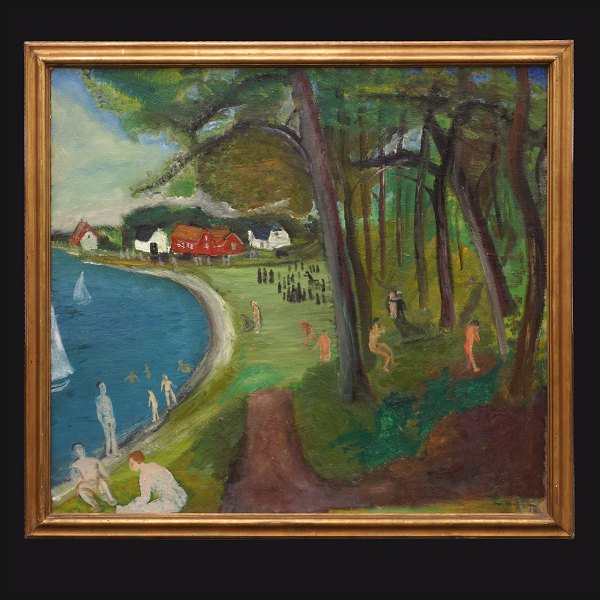 Jens Søndergaard, 1895-1957, "Sunday". Oil on canvas. Signed and dated 1938. 
Visible size: 100x108cm. With frame: 110x118cm