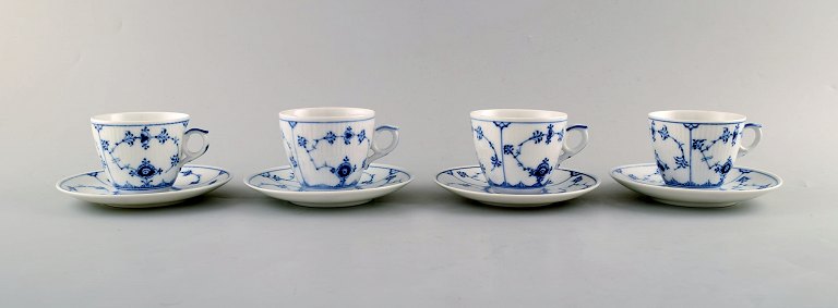 Royal Copenhagen. Set of four Blue Fluted plain coffee cup with saucer # 1/80.