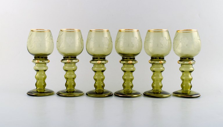 Rømer Glass. Six Bohemian wine glasses with engraved grapevines. Czech Republic, 
1940
