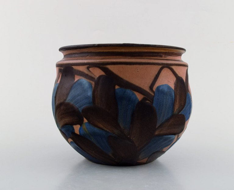 Kähler, Denmark. Vase in glazed ceramics. Blue flowers on light brown base. 1930 
/ 40