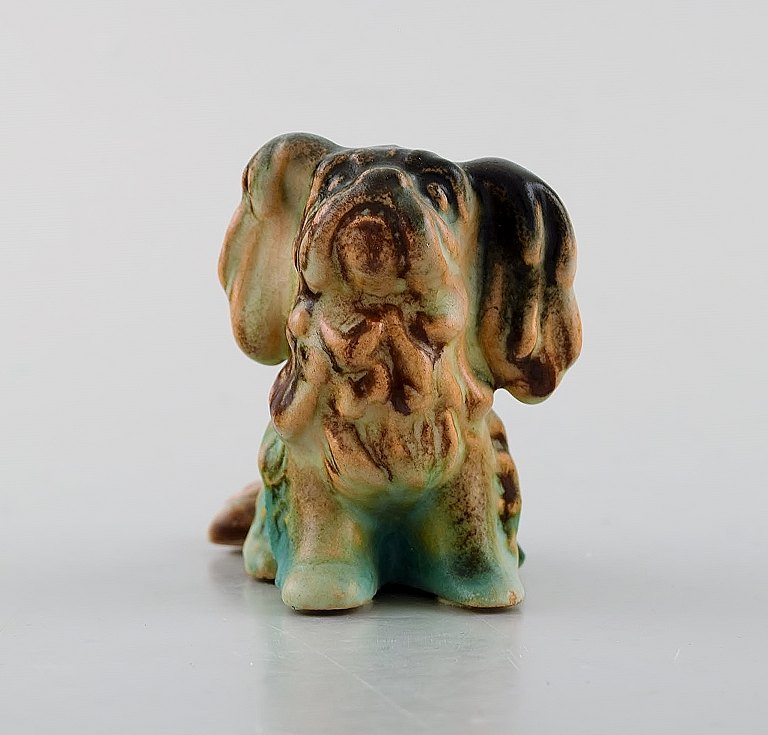 Michael Andersen. Rare Pekingese in glazed ceramics. Beautiful glaze in blue 
green shades. 1950