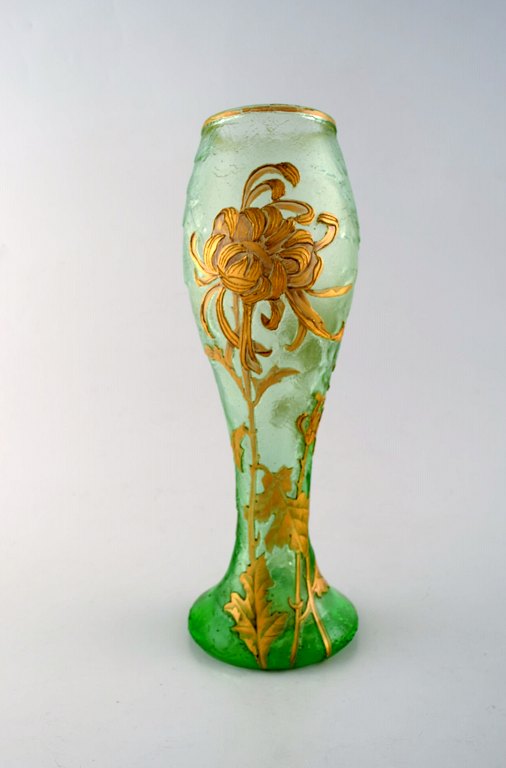 Montjoye, France. Large art nouveau vase in mouth-blown art glass. Decorated 
with flowers in enamel work, gilt. High quality vase. Dated 1880-1900.