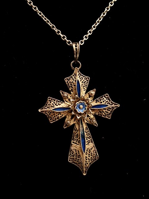 830 silver necklace  with filigree cross with enamel