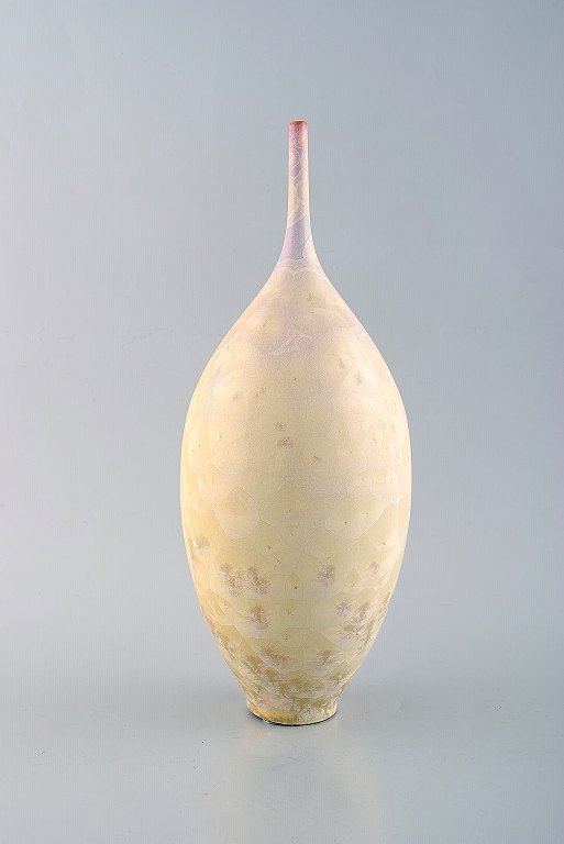 Isak Isaksson, Swedish potter. Large narrow necked unique vase in glazed 
ceramics. Beautiful crystal glaze. Own workshop, approx. 2010. High quality 
contemporary ceramics.
