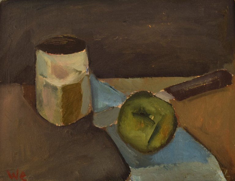 Unknown Scandinavian artist. Oil on board. Modernist still life with apple. 
1960