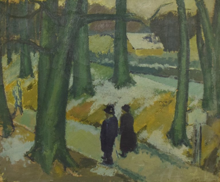 Alexander Klingspor (1897-1978), Danish artist. Oil on canvas. Modernist forest 
motif with wandering couple. Dated 1936.
