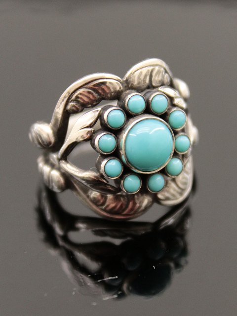 Georg Jensen sterling silver ring size 54 moonlight blossom #10 with turquoise.