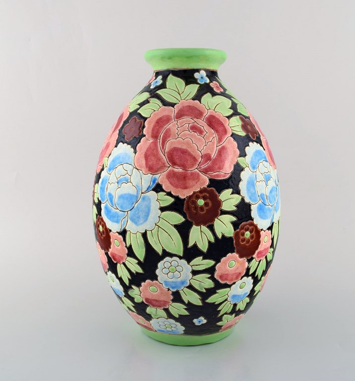 Charles Catteau (1880-1966) for Boch Freres Keramis, Belgium. Large art deco 
ceramic vase in cloisonné technique. Hand painted with flowers. 1920 / 30