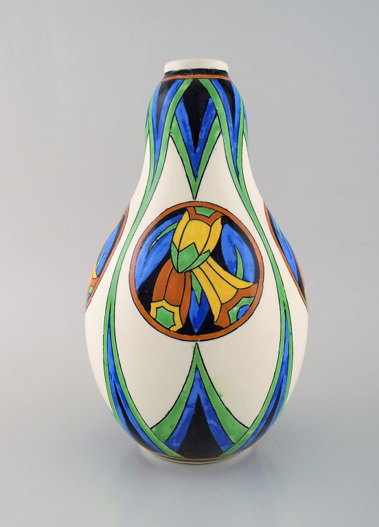 Charles Catteau (1880-1966) for Boch Freres Keramis, Belgien. Large art deco 
ceramic vase in cloisonné technique. Hand painted with flowers. 1920 / 30