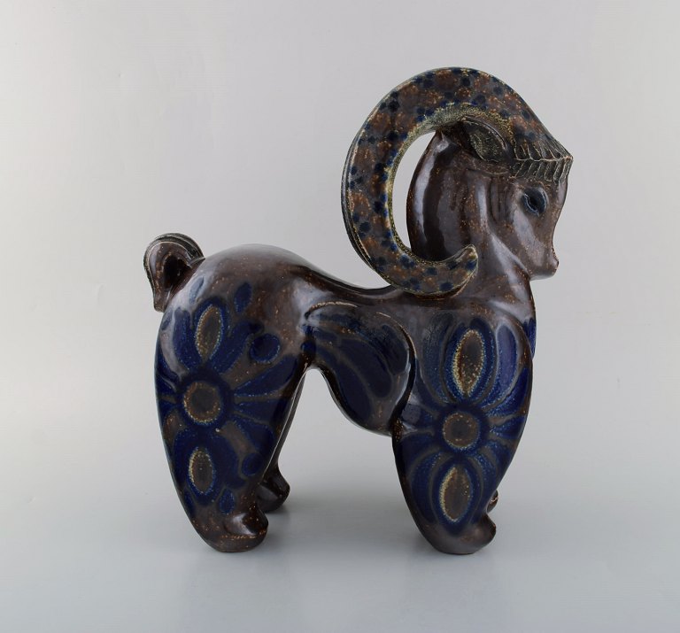 European studio ceramist. Large unique figure in glazed ceramics. Ram. Ca. 1980.
