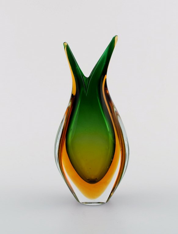 Murano vase in green and orange mouth blown art glass. Italian design, 1960