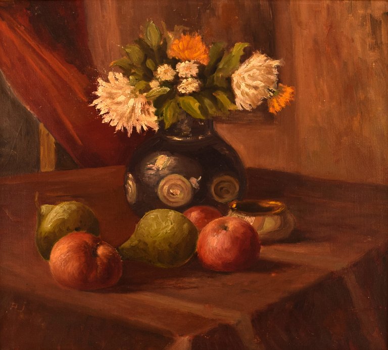 Dansk blomstermaler. Olie på lærred. Stilleben med blomster og frugter. Sent 
1800-tallet.
