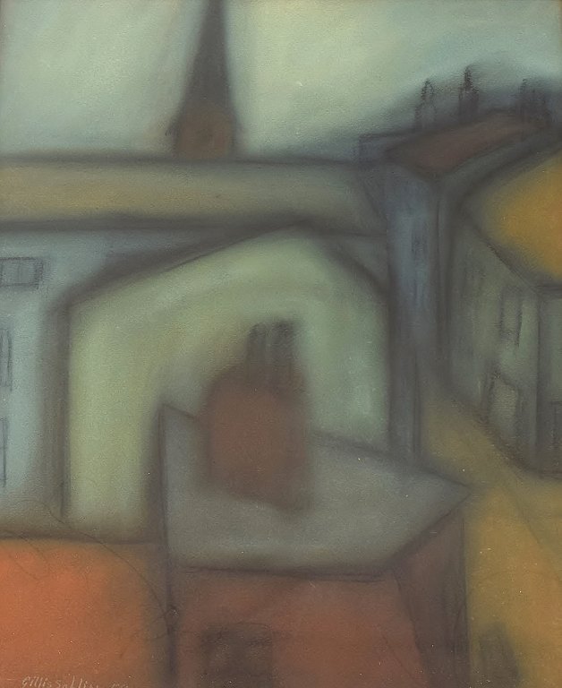 Gillis Sahlin (1901-1984), Sweden. Pastel. Modernist urban motif. Dated 1954.
