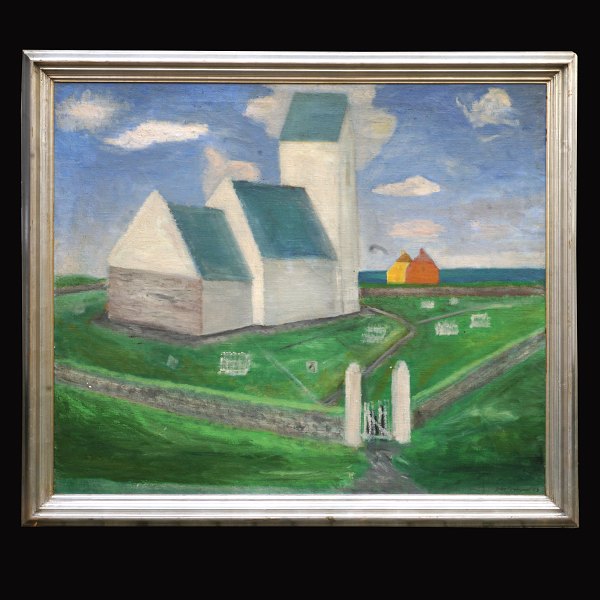 Jens Søndergaard, 1895-1957, oil on canvas. The church in the village Ferring. 
Signed and dated 1943. Visible size: 126x137cm. With frame: 133x154cm