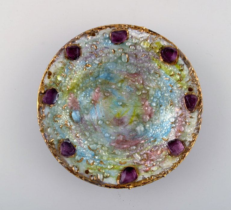 Louise Arnaud for Limoges. Unique bronze bowl with enamel work in gold, purple 
and blue-green shades. 1940s.
