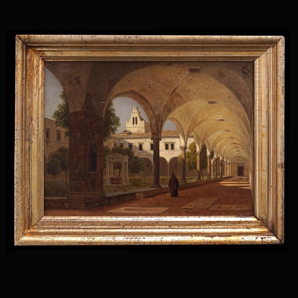 Peter Kornbeck maleri. Peter Kornbeck, 1837-94, olie på lærred. Parti fra 
Italien. Signeret og dateret 1874. Lysmål: 26x33cm. Med ramme: 41x48cm