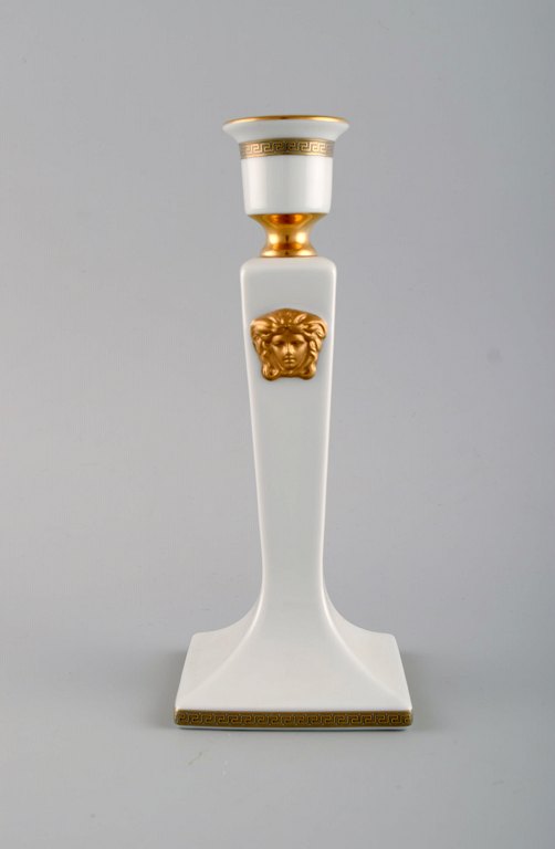 Gianni Versace for Rosenthal. Gorgona candlestick in white porcelain with gold 
decoration and ornamentation. Late 20th century.
