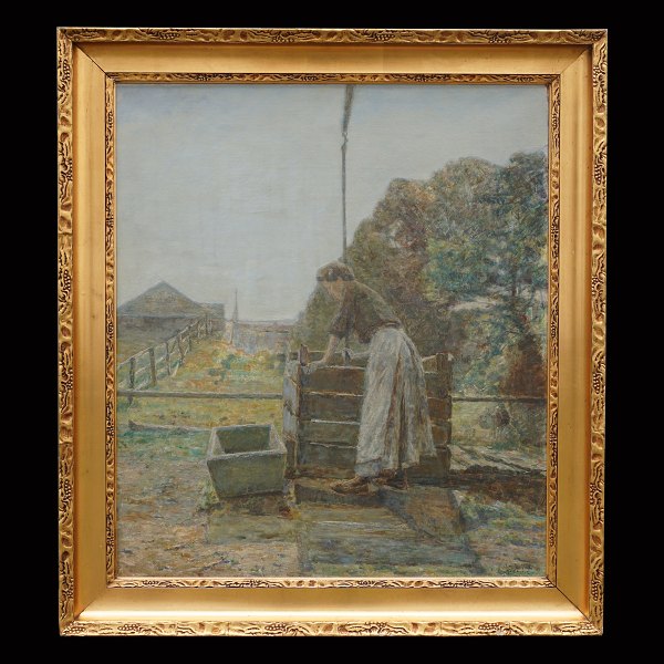 Oluf Høst maleri. Oluf Høst, 1884-1966, olie på lærred. Kvinde ved vippebrønd. 
Signeret og dateret "O. Høst Gudhjem 1909". Lysmål: 85x72cm. Med ramme: 104x91cm