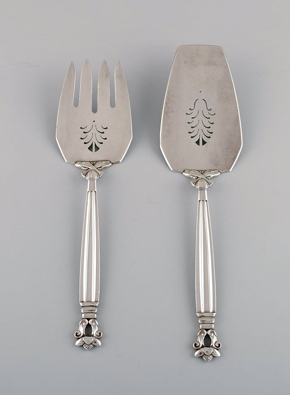 Georg Jensen Acorn fish serving set in openwork sterling silver.
