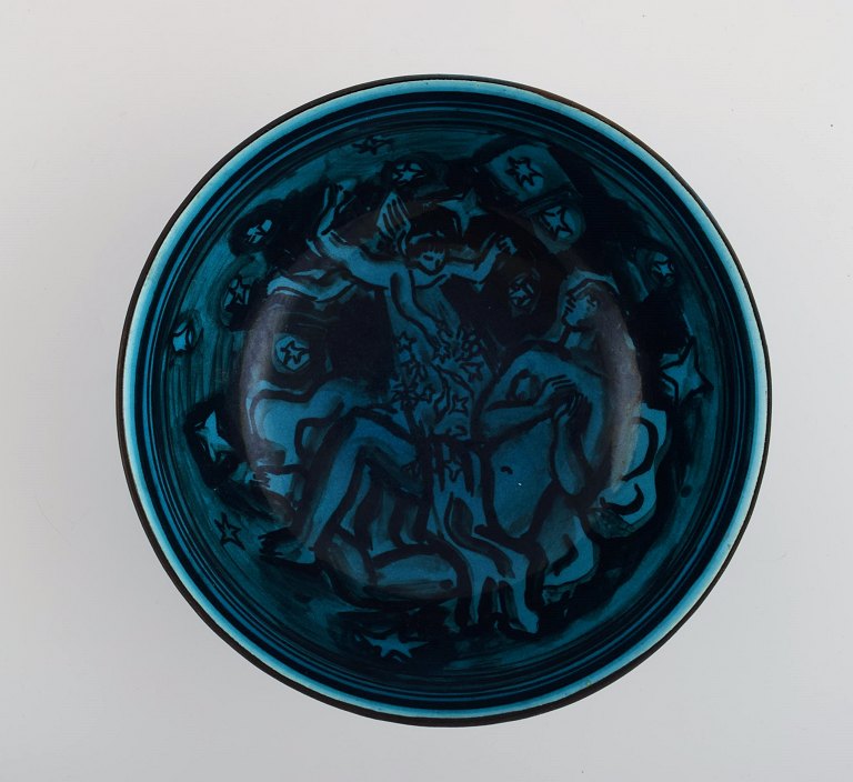 Jais Nielsen for Royal Copenhagen. Unique bowl in glazed ceramics with 
hand-painted scenes from the old testament. Dated 1950.
