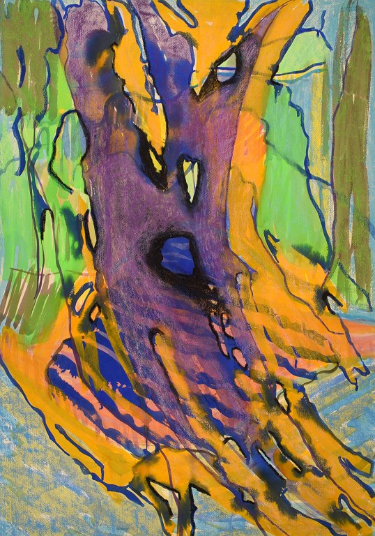 Ivy Lysdal, b 1937. Danish ceramist and painter. Gouache and oil crayon on 
cardboard. Abstract modernist painting. Colorful palette. Dated 1991.
