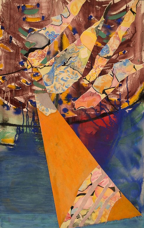 Ivy Lysdal, b 1937. Danish ceramist and painter. Mixed media on cardboard. 
Abstract modernist painting. Colorful palette. Late 20th century.
