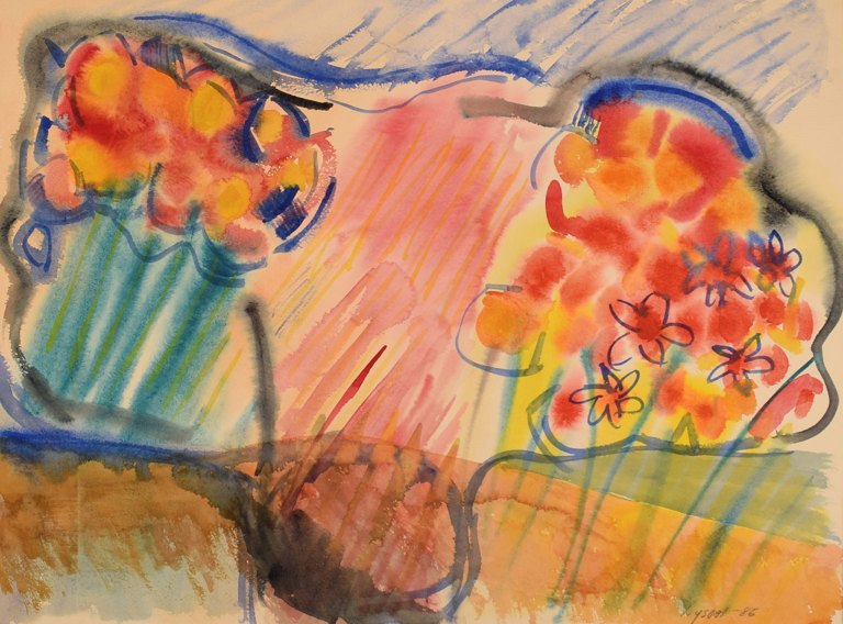 Ivy Lysdal, b 1937. Danish ceramist and painter. Gouache on paper. Abstract 
modernist painting. Colorful palette. Dated 1986.
