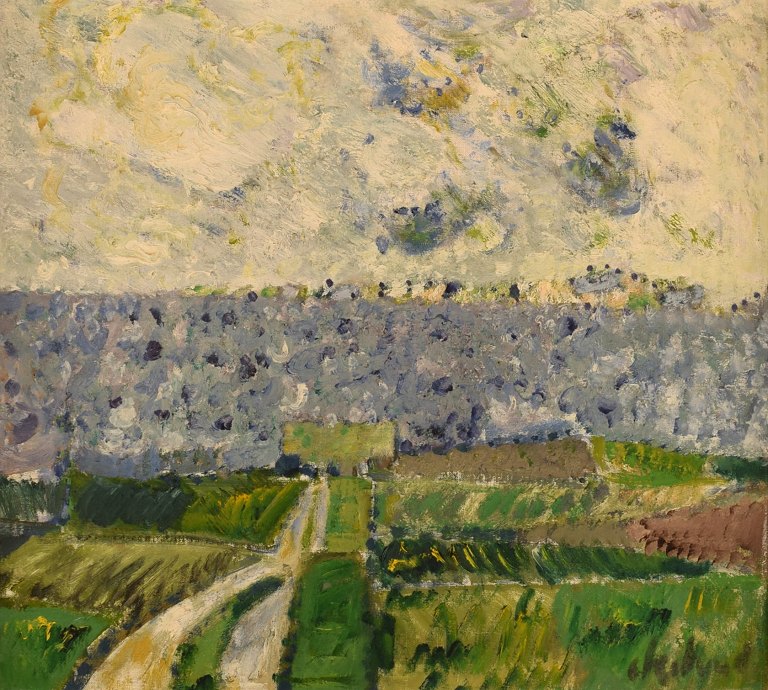 Poul Ekelund (1921-1976), Denmark. Oil on canvas. Modernist landscape. Dated 
1966.
