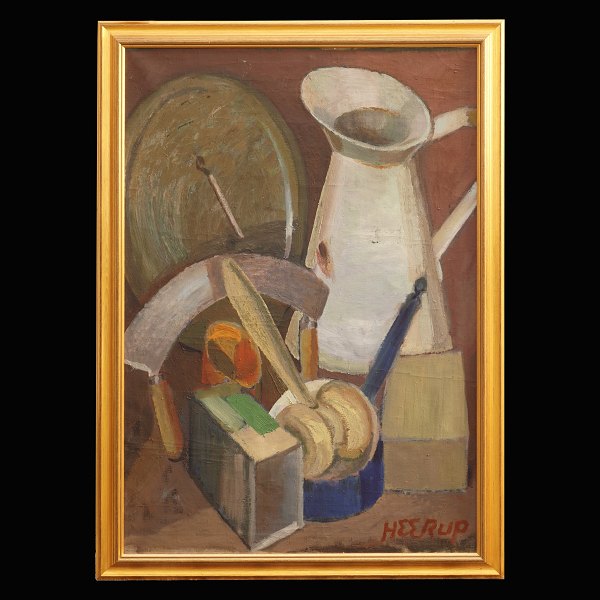 Henry Heerup maleri. Henry Heerup, 1907-93: Opstilling. Olie på lærred. 
Signeret.
Sandsynligvis fra 1940erne med inspiration fra Vilhelm Lundstrøm. Lysmål: 
105x76cm. Med ramme: 116x81cm