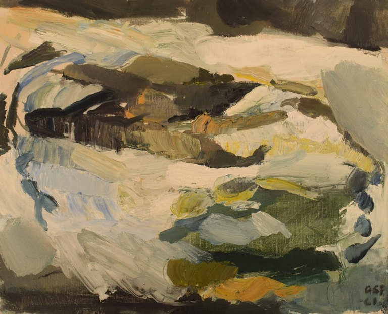 Gösta Asp (1910-1986), Sweden. Oil on canvas. Abstract winter landscape. Dated 
1961.
