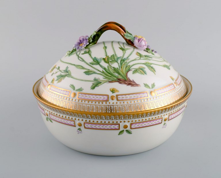 Royal Copenhagen Flora Danica large tureen / lidded bowl, branch-shaped handle, 
repousse flowers.