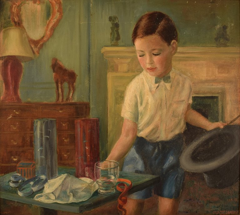 Dulcie Lambrick (1901-1981), England. Oil on board. Interior with boy. Mid-20th 
century.
