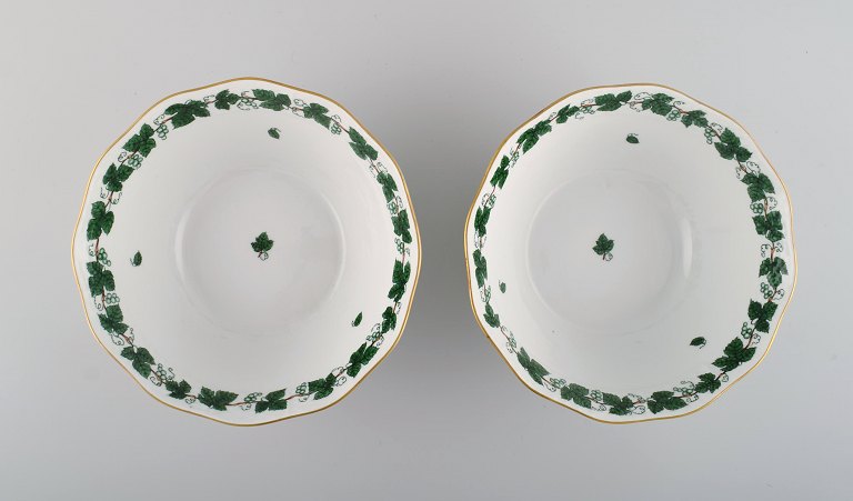 Two Herend Green Grape Leaf & Vine bowls in hand-painted porcelain. Mid-20th 
century.
