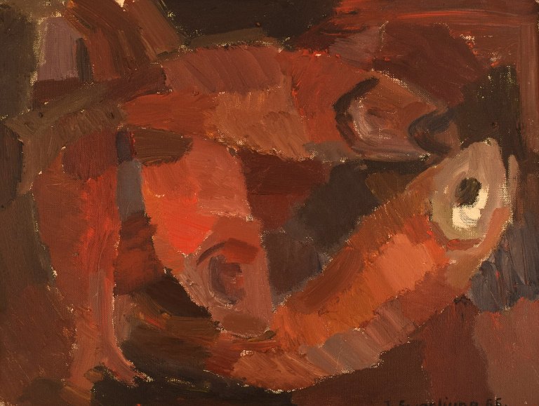 Joyce Swanljung (1910-1977), Sweden. Oil on canvas. Abstract painting with fish. 
Dated 1966.

