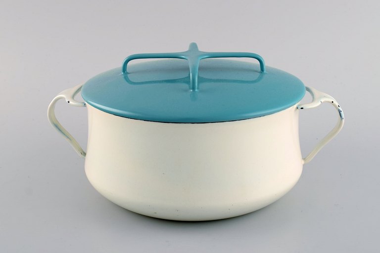 Jens H. Quistgaard: Pot with lid in turquoise and cream colored enamel. Danish 
design, 1960s.
