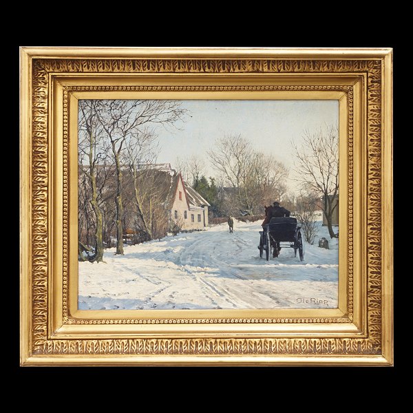 Ole Ring, 1902-72, oil on canvas. Winter landscape with persons. Signed. Visible 
size: 26x32cm. With frame: 38x44cm