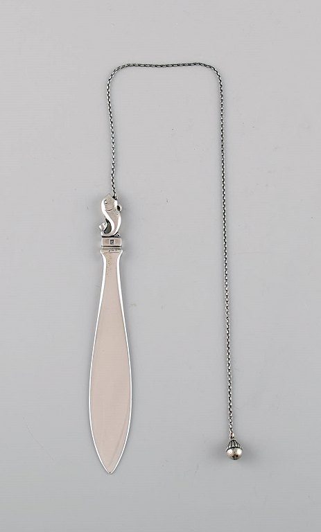 Rare Georg Jensen bookmark in sterling silver designed with fish. Dated 1933-44.

