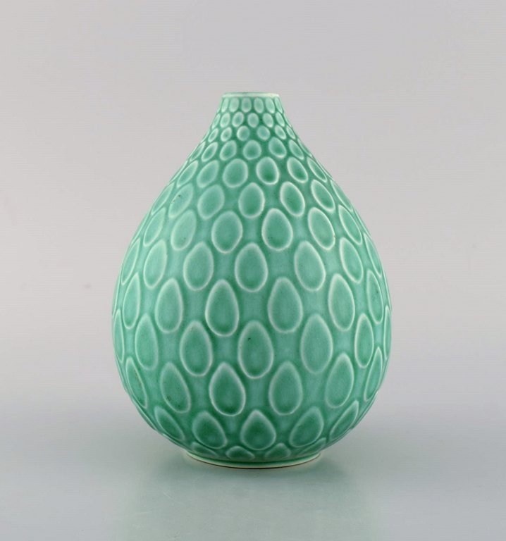 Nils Thorsson for Aluminia. Marselis vase in glazed faience. Beautiful glaze in 
turquoise shades. Mid-20th century.
