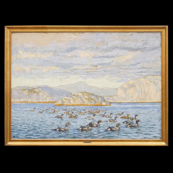 Johannes Larsen, 1867-1961, oil on canvas. King eiders at the coast of 
Greenland. Signed and dated 1926. Visible size: 93x130cm. with frame: 104x141cm