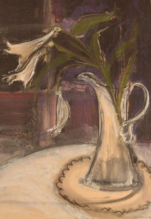 Kerstin Jönsson (1931-2000), Sweden. Pastel on paper. "Lilies in a jug". Dated 1975.