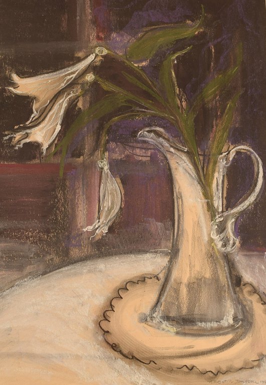 Kerstin Jönsson (1931-2000), Sweden. Pastel on paper. "Lilies in a jug". Dated 
1975.
