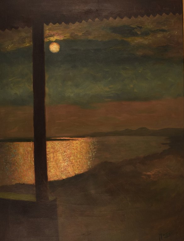 Hugo Vilfred Pedersen (1870-1969), Denmark. Oil on canvas. Landscape with moon. 
1920s / 30s.
