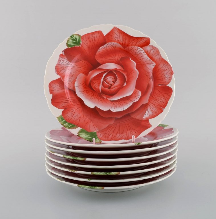 Emilio Bergamin for Taitù. Eight Romantica porcelain plates with flowers. 
Italian design. Dated 1994.
