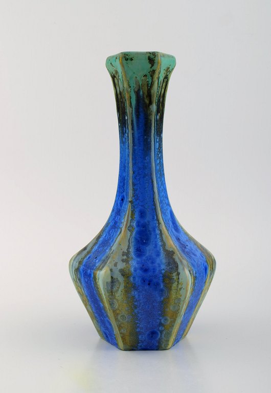 Pierrefonds, France. Vase in glazed stoneware. Beautiful glaze in shades of blue 
and green. 1930s.
