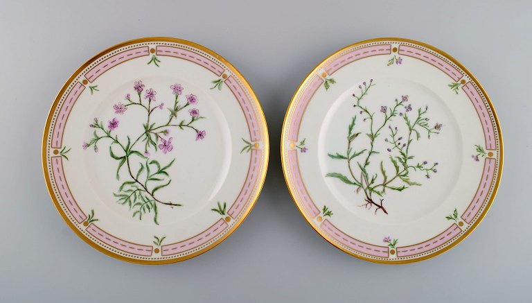 Two Bing & Grøndahl porcelain plates with hand-painted flowers and gold 
decoration. Flora Danica style, 1920s / 30s.
