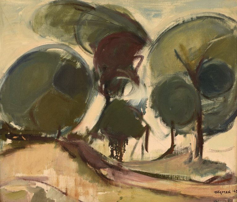 Ragnar Högman (1891-1976), Sweden. Oil on canvas. Modernist landscape with 
trees. Dated 1963.
